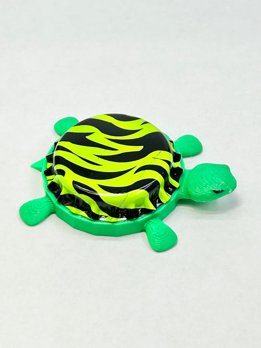 Neon Green Zebra Striped - Bottle Cap Magnet Turtle