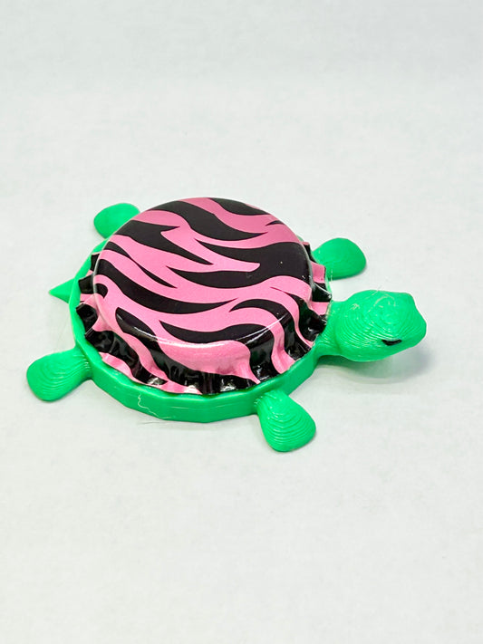Pink Zebra Striped - Bottle Cap Magnet Turtle