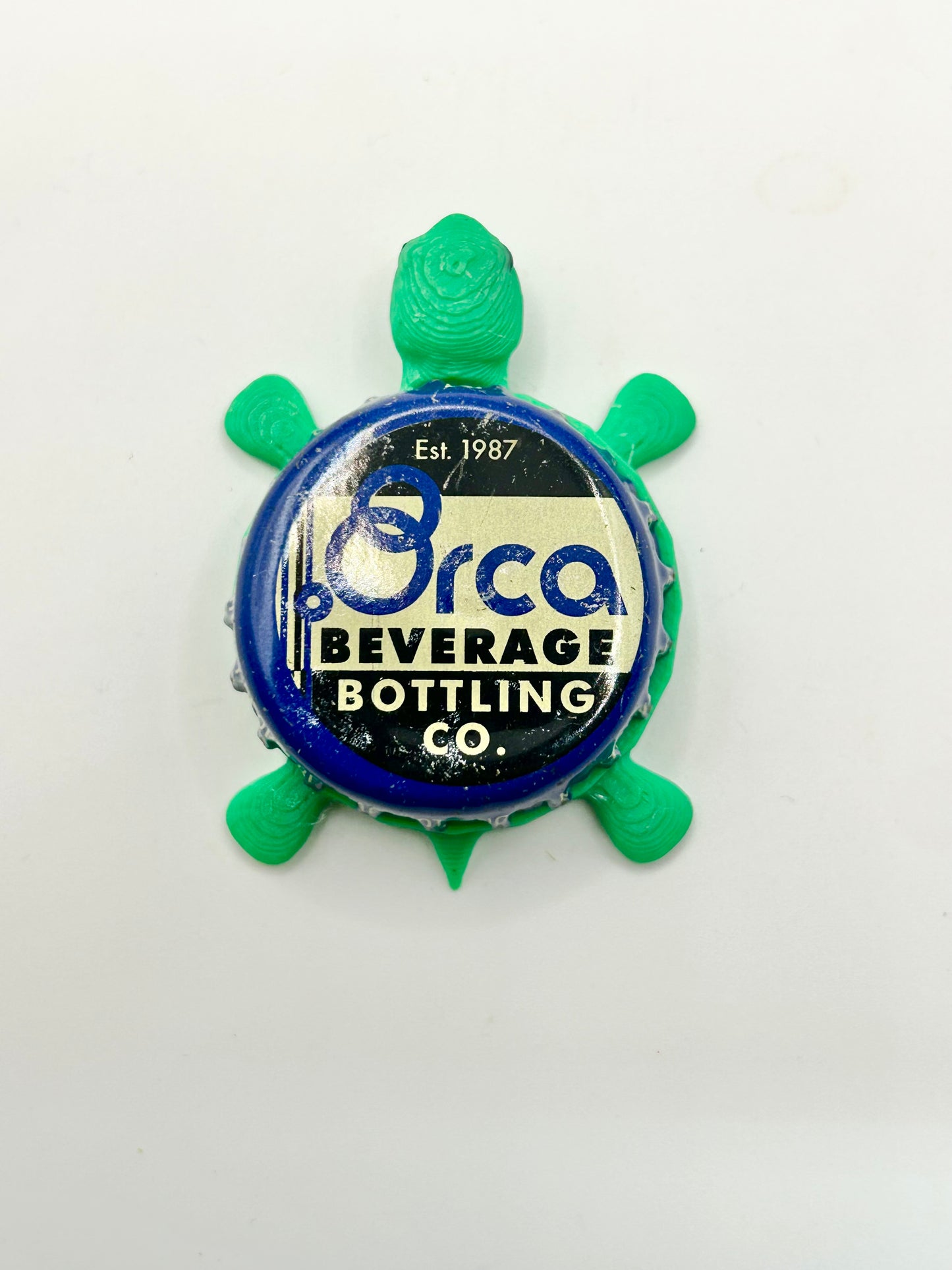 Orca Beverages (Blue) - Bottle Cap Magnet Turtle