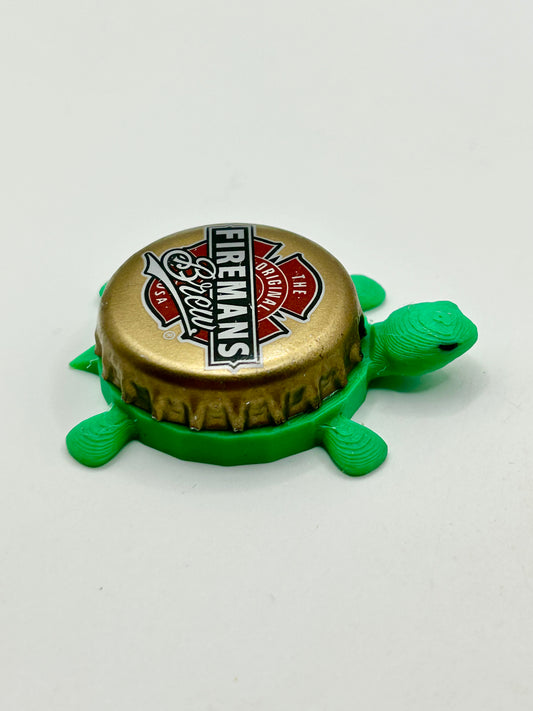 Firemans Brew (Gold) - Bottle Cap Magnet Turtle Shell Shocked Art