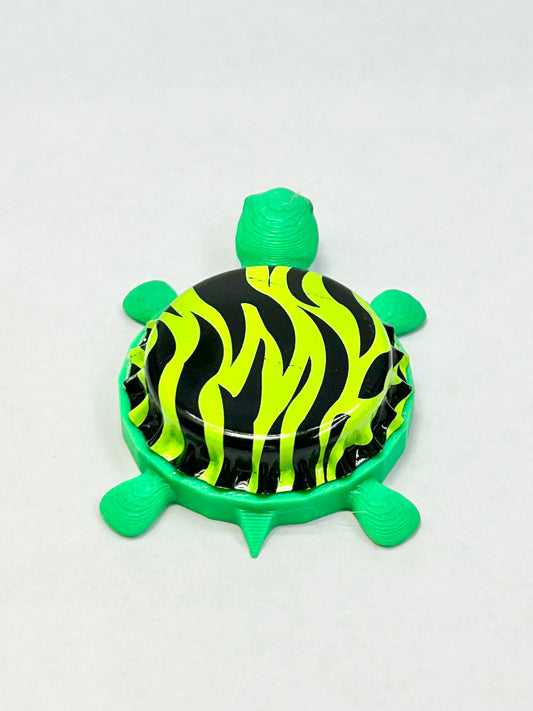 Neon Green Zebra Striped - Bottle Cap Magnet Turtle