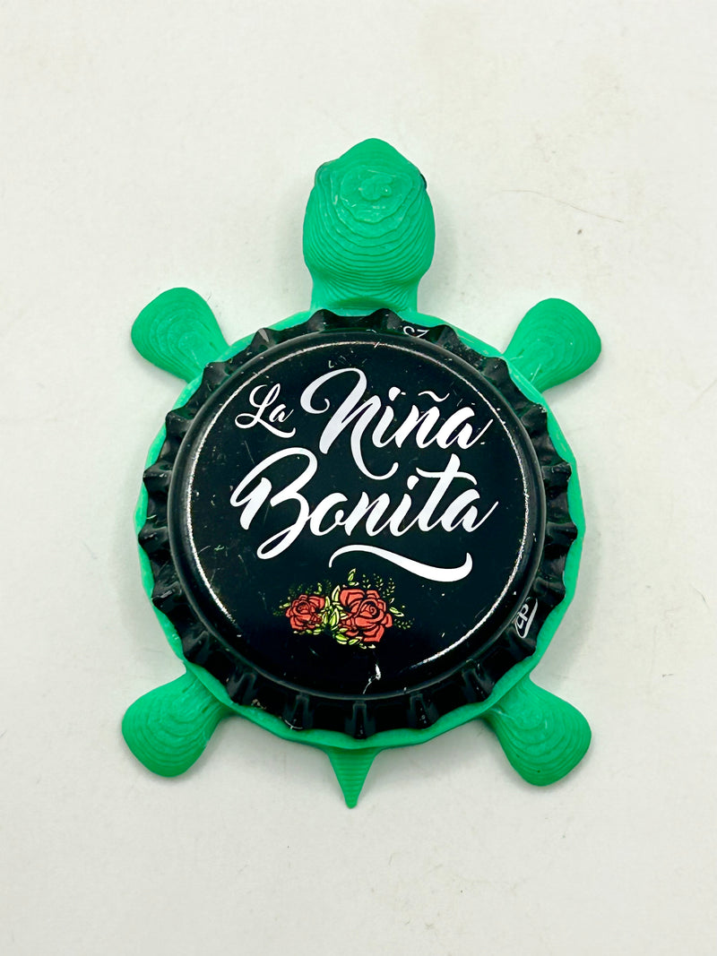 Cerveza La Niña Bonita - Bottle Cap Magnet Turtle Shell Shocked Art