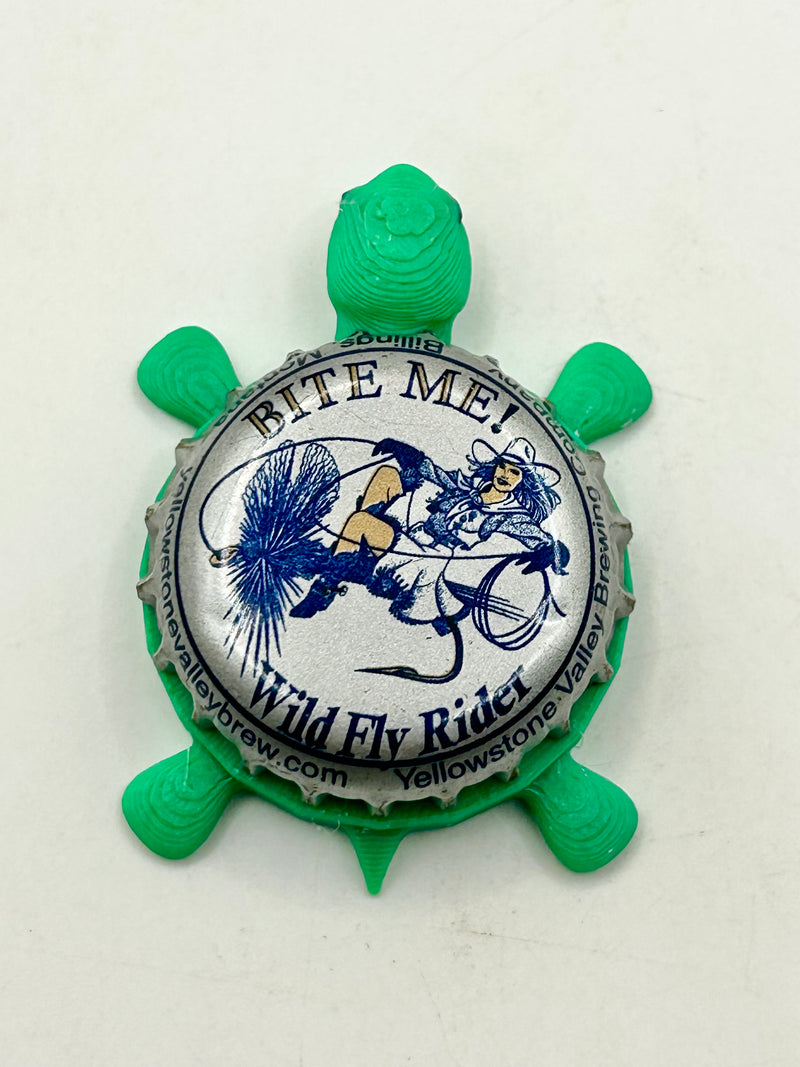 Wild Fly Rider - Yellowstone Valley Brewing - Bottle Cap Magnet Turtle Shell Shocked Art