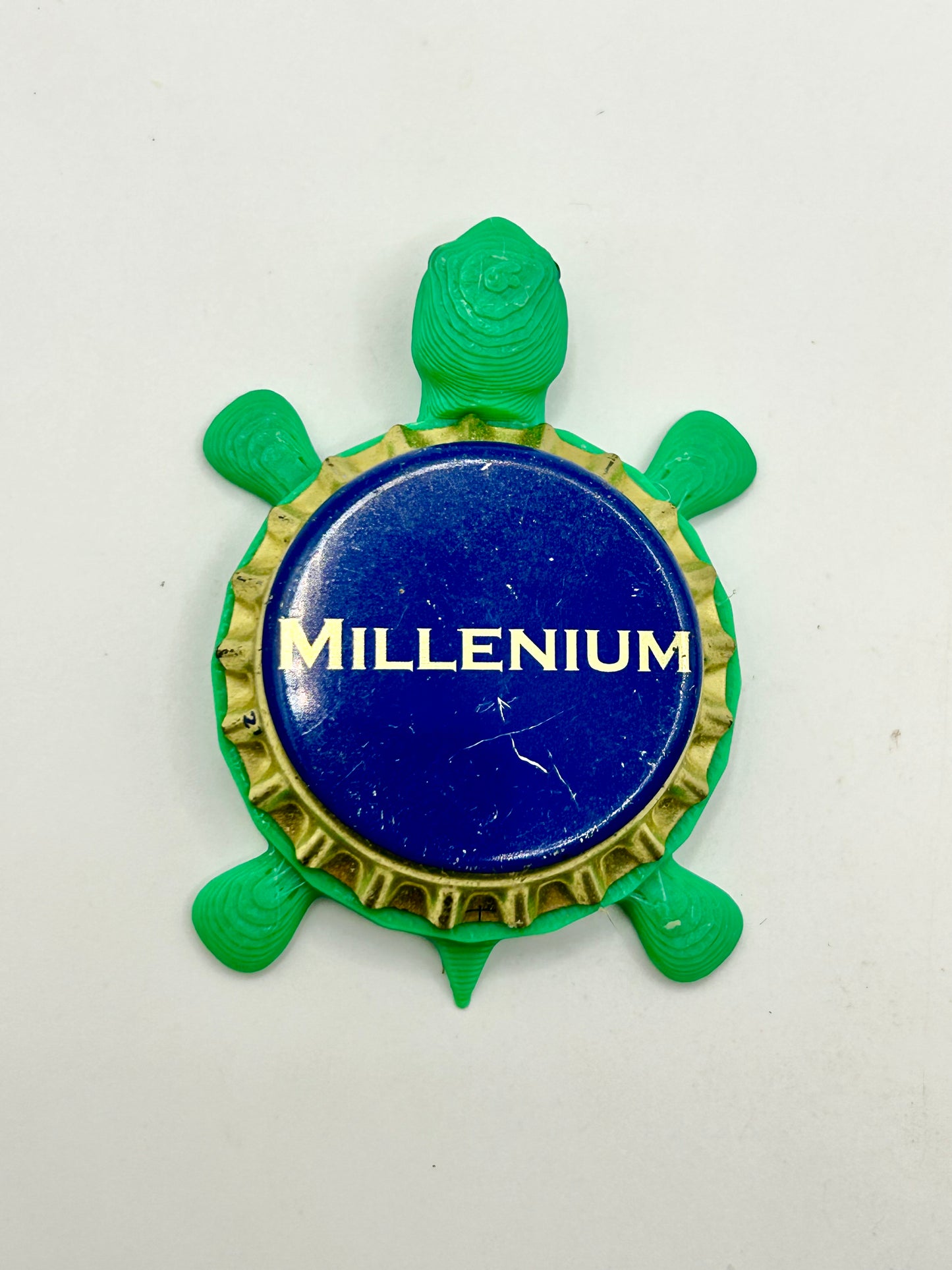 Millenium Beer - Bottle Cap Magnet Turtle Shell Shocked Art