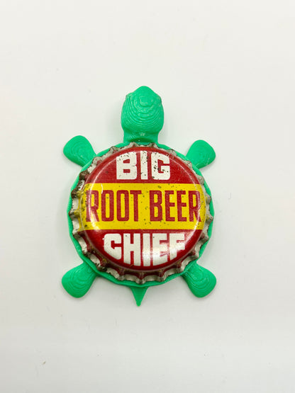 Big Chief Root Beer - Bottle Cap Magnet Turtle Shell Shocked Art