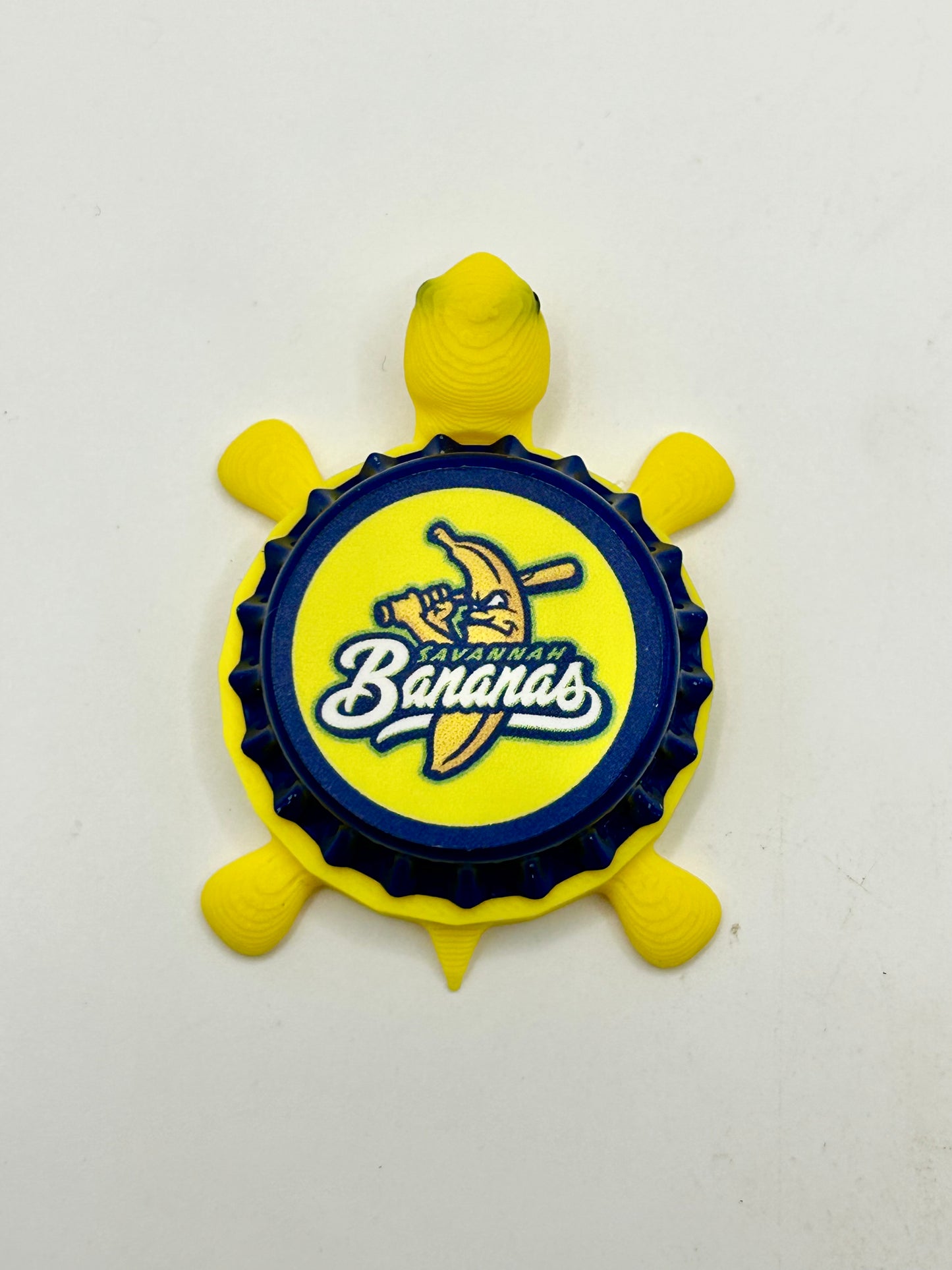 Savannah Bananas (Yellow Turtle & Blue Cap) - Bottle Cap Magnet Turtle Shell Shocked Art