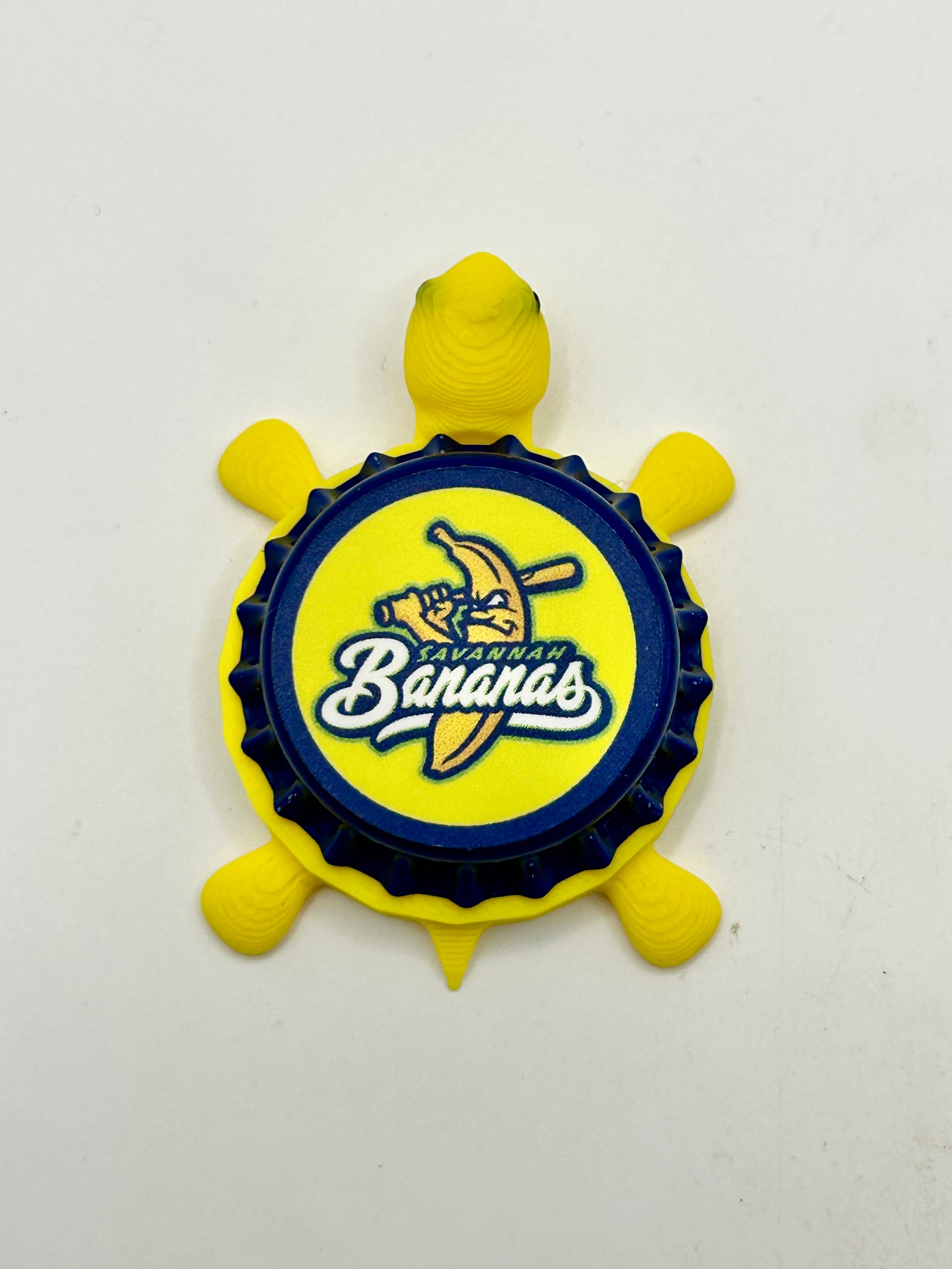 Savannah Bananas (Yellow Turtle & Blue Cap) - Bottle Cap Magnet Turtle Shell Shocked Art