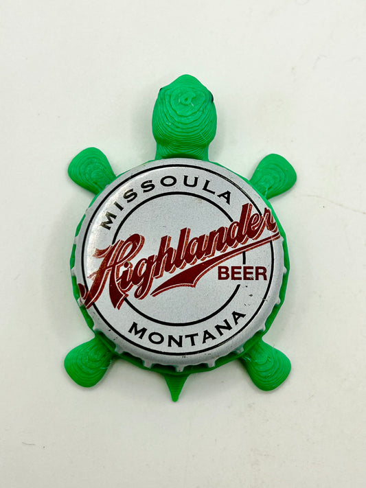 Highlander Beer - Bottle Cap Magnet Turtle Shell Shocked Art