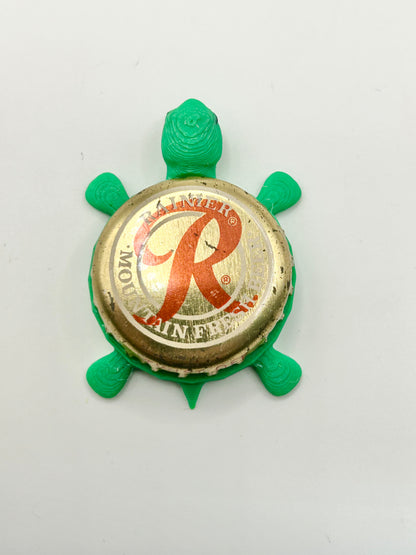 Rainier Mountain Fresh Beer - Bottle Cap Magnet Turtle Shell Shocked Art