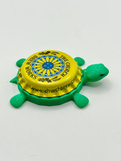 The Church Brew Works - Bottle Cap Magnet Turtle Shell Shocked Art