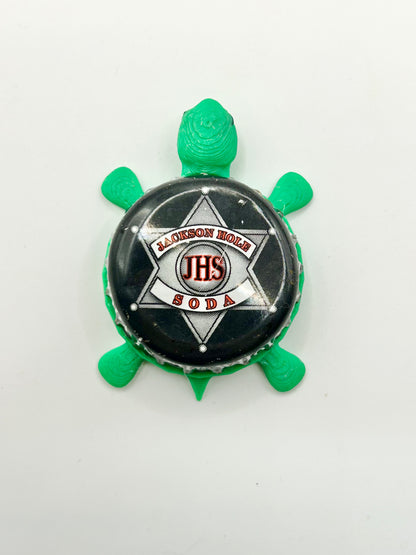 Jackson Hole Soda - Bottle Cap Magnet Turtle Shell Shocked Art