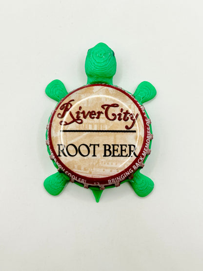 River City Root Beer - Bottle Cap Magnet Turtle Shell Shocked Art