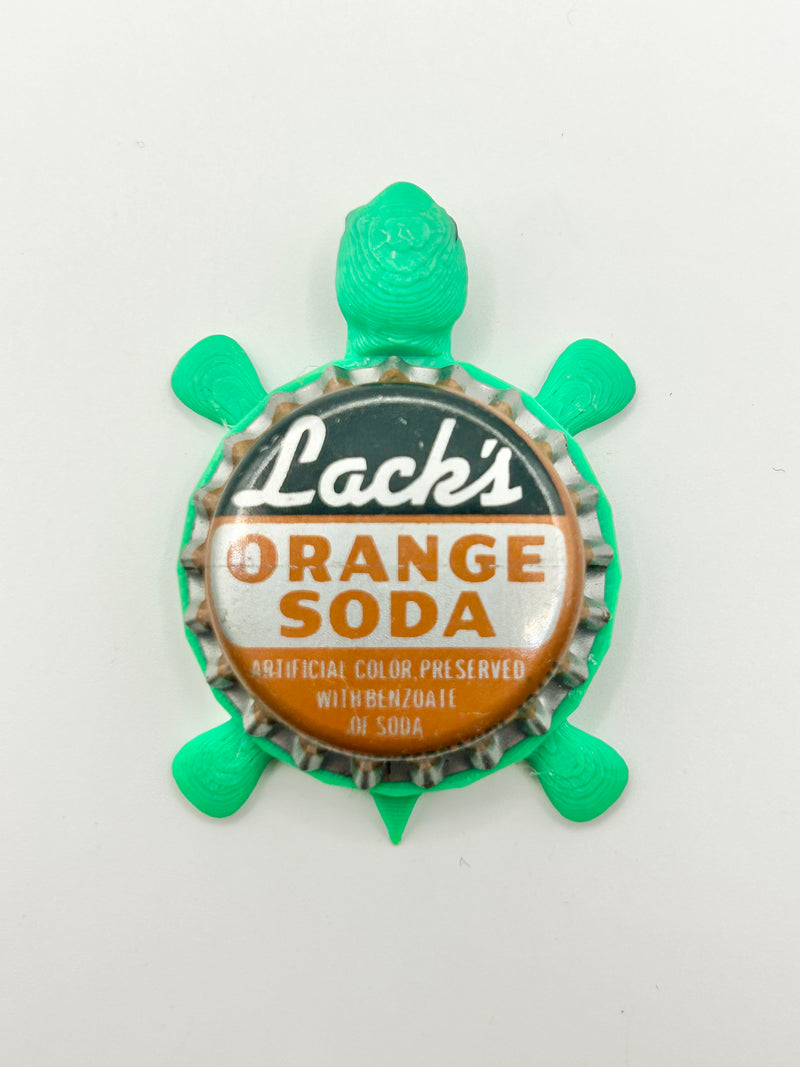 Lack’s Orange Soda - Bottle Cap Magnet Turtle Shell Shocked Art