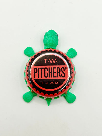 T.W. Pitchers’ Brewing - Bottle Cap Magnet Turtle Shell Shocked Art