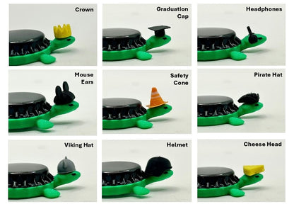 Image depicting an assortment of option hat styles for bottle cap magnet turtles