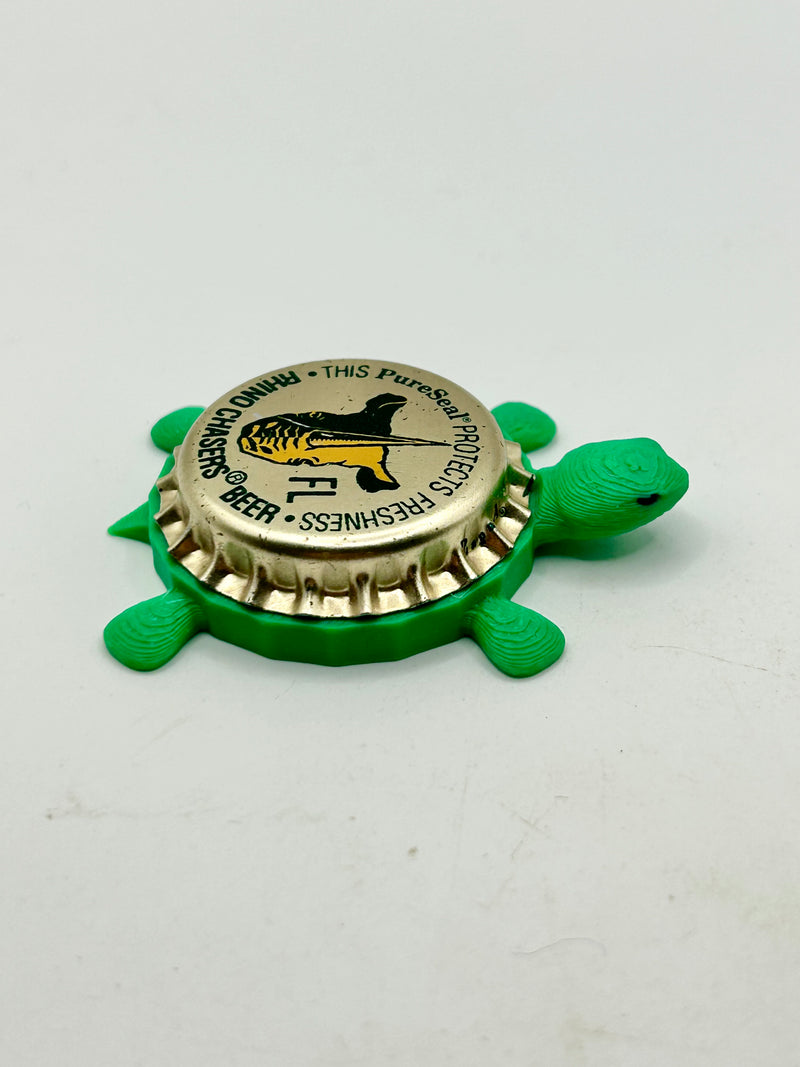 Rhino Chasers Beer (Yellow) - Bottle Cap Magnet Turtle Shell Shocked Art