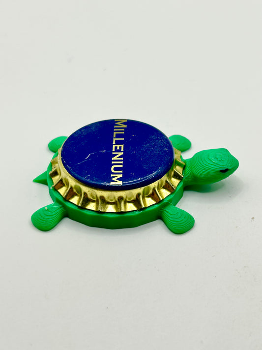 Millenium Beer - Bottle Cap Magnet Turtle Shell Shocked Art