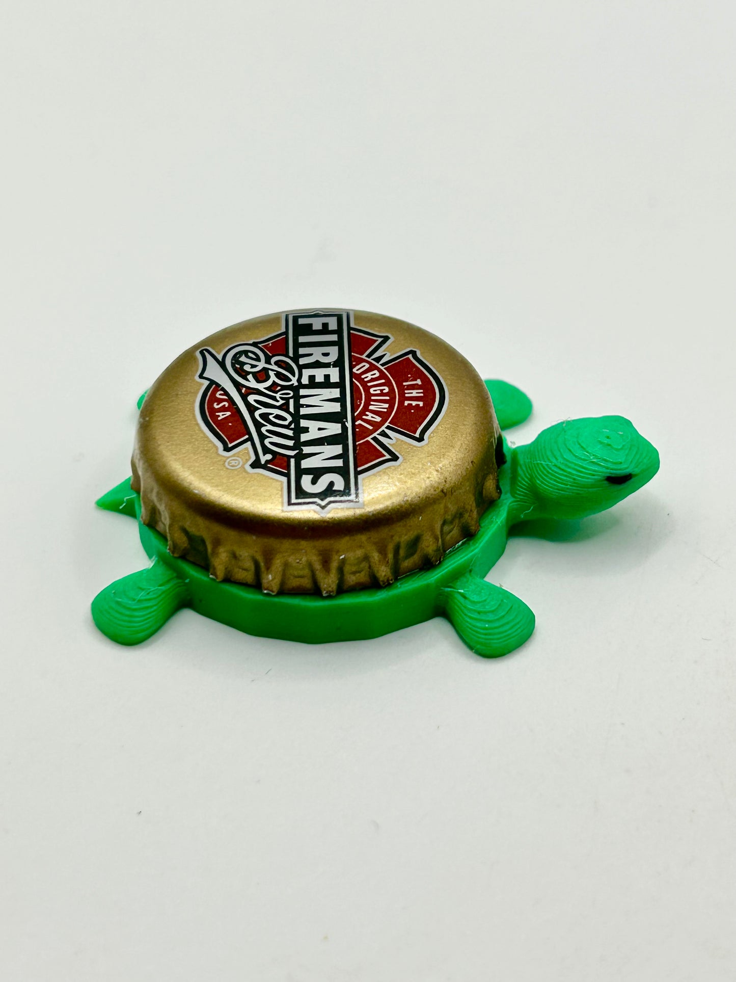 Firemans Brew (Gold) - Bottle Cap Magnet Turtle Shell Shocked Art