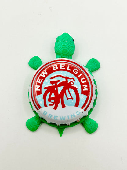 Snow Bicycle, New Belgium Brewing - Bottle Cap Magnet Turtle Shell Shocked Art