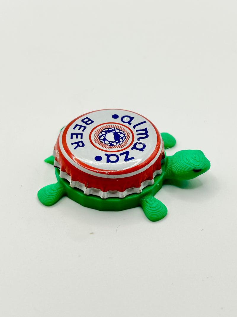 Almaza Beer - Bottle Cap Magnet Turtle Shell Shocked Art