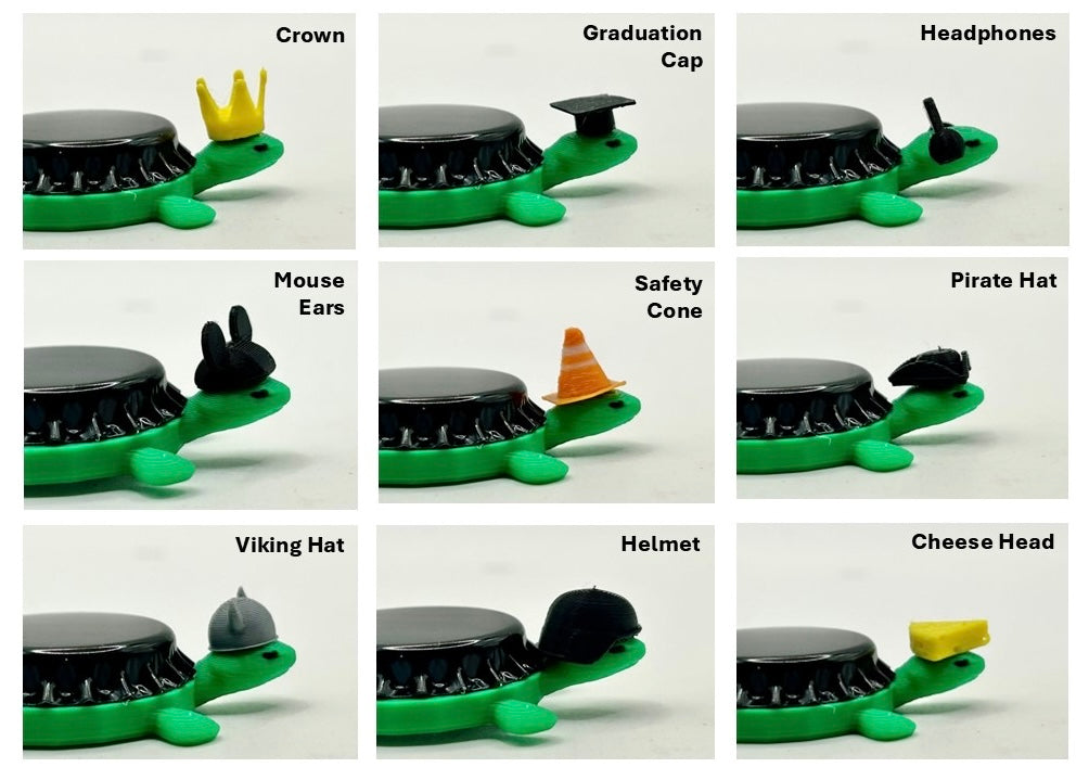 Image depicting an assortment of option hat styles for bottle cap magnet turtles