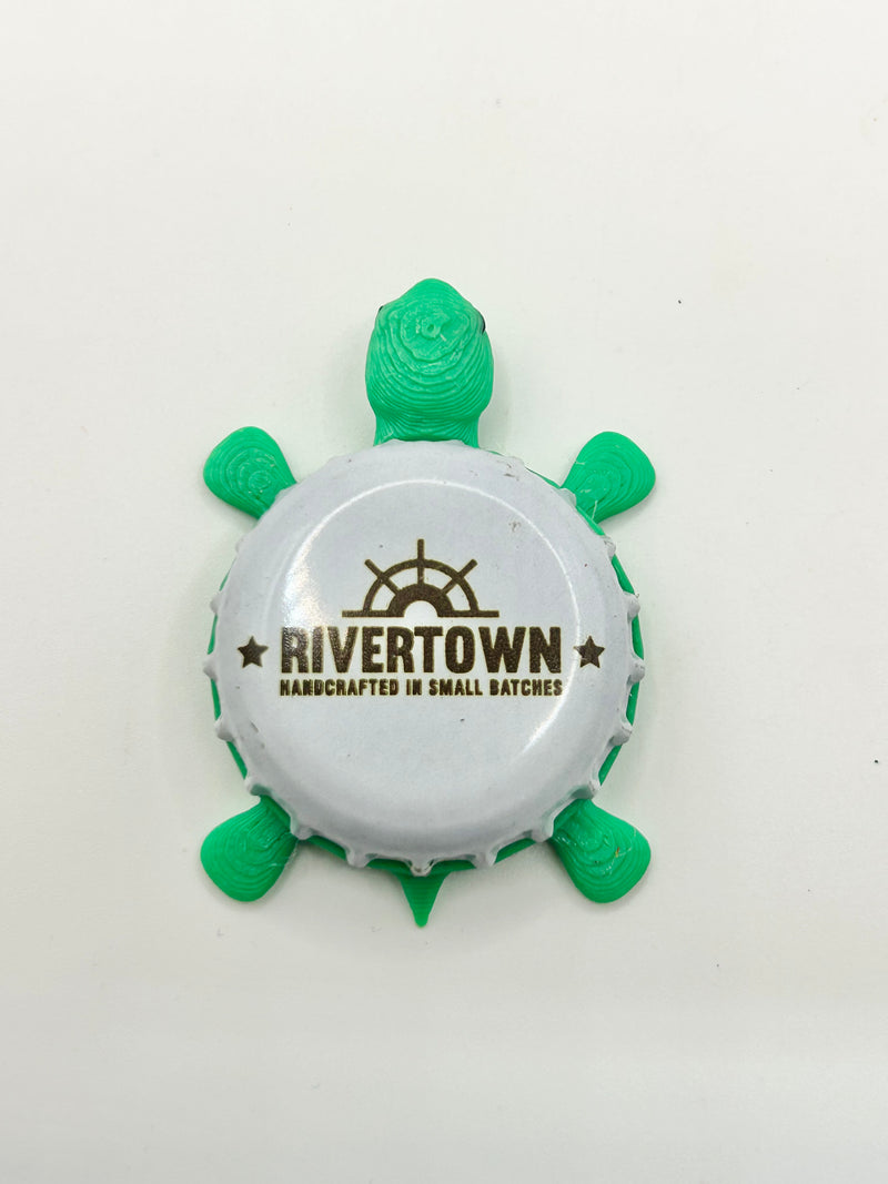 Rivertown Brewing (White) - Bottle Cap Magnet Turtle Shell Shocked Art