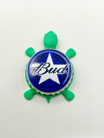 Bud (Budweiser, Blue and White Star) - Bottle Cap Magnet Turtle Shell Shocked Art