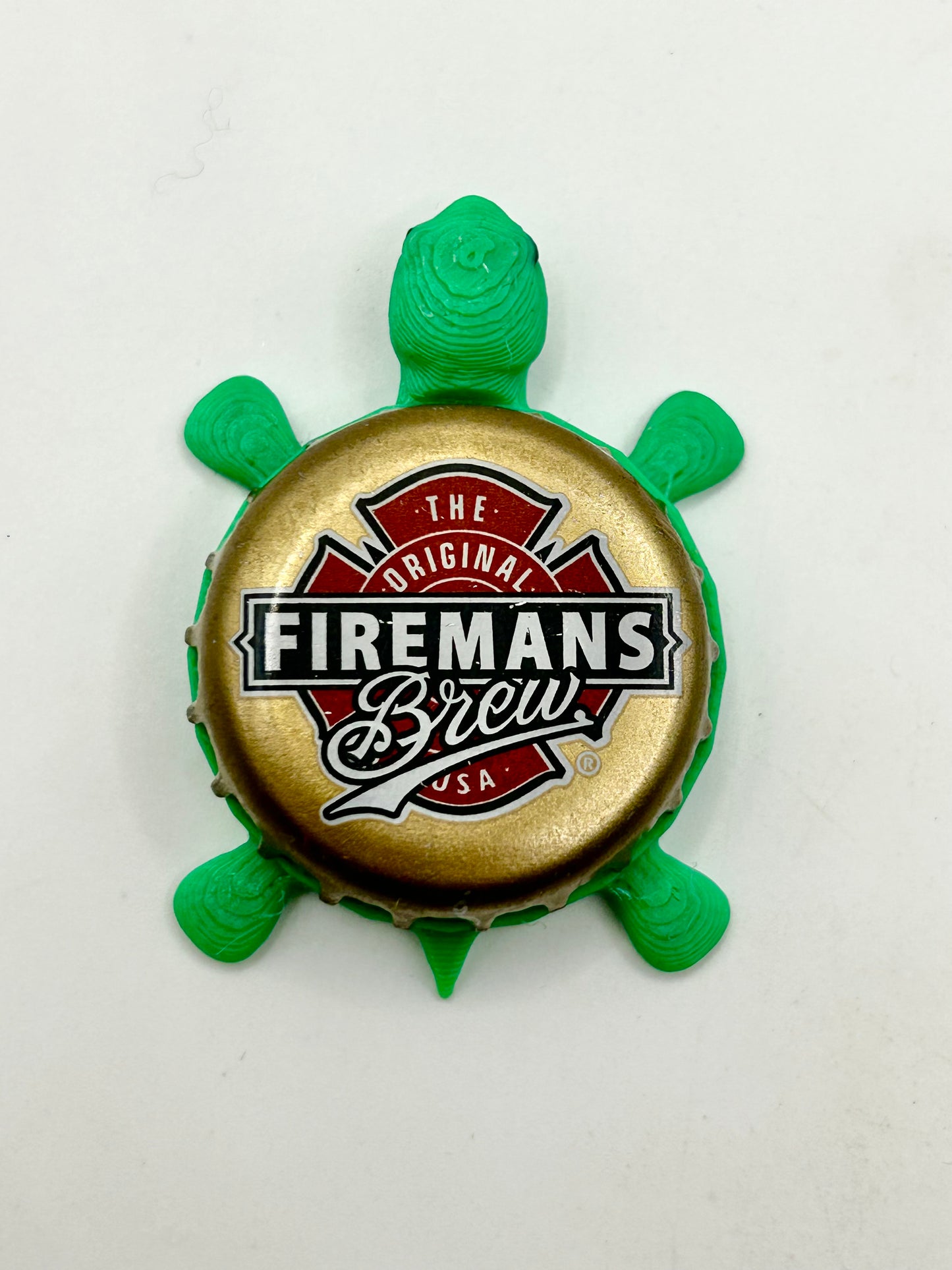 Firemans Brew (Gold) - Bottle Cap Magnet Turtle Shell Shocked Art