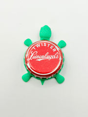 Leinenkugel's (Cursive Text Red) - Bottle Cap Magnet Turtle Shell Shocked Art