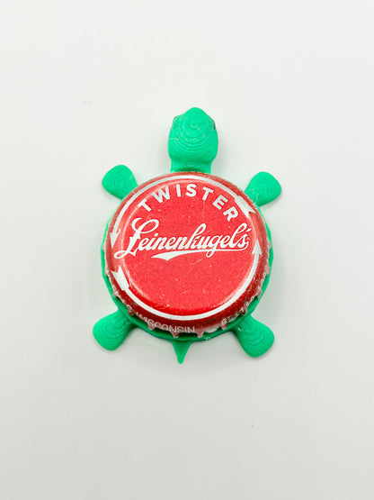 Leinenkugel's (Cursive Text Red) - Bottle Cap Magnet Turtle Shell Shocked Art