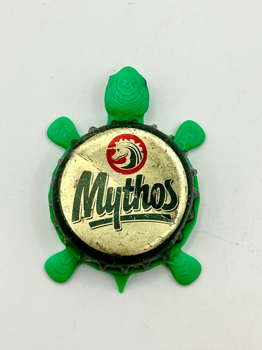 Mythos Beer - Bottle Cap Magnet Turtle Shell Shocked Art