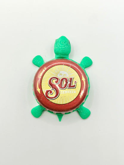 Sol Cerveza (Maroon Botder) - Bottle Cap Magnet Turtle Shell Shocked Art