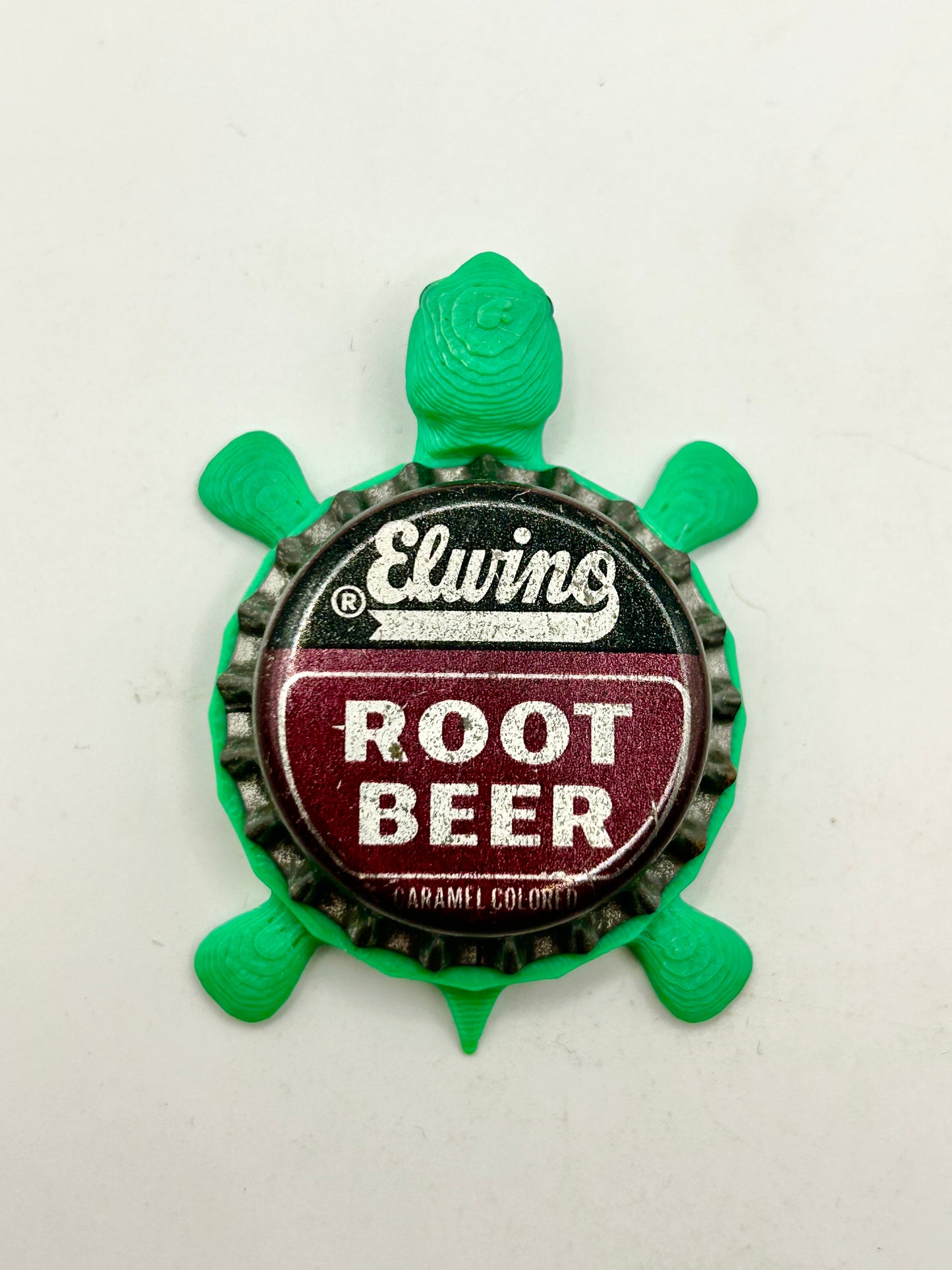 Elwino Root Beer Soda - Bottle Cap Magnet Turtle Shell Shocked Art