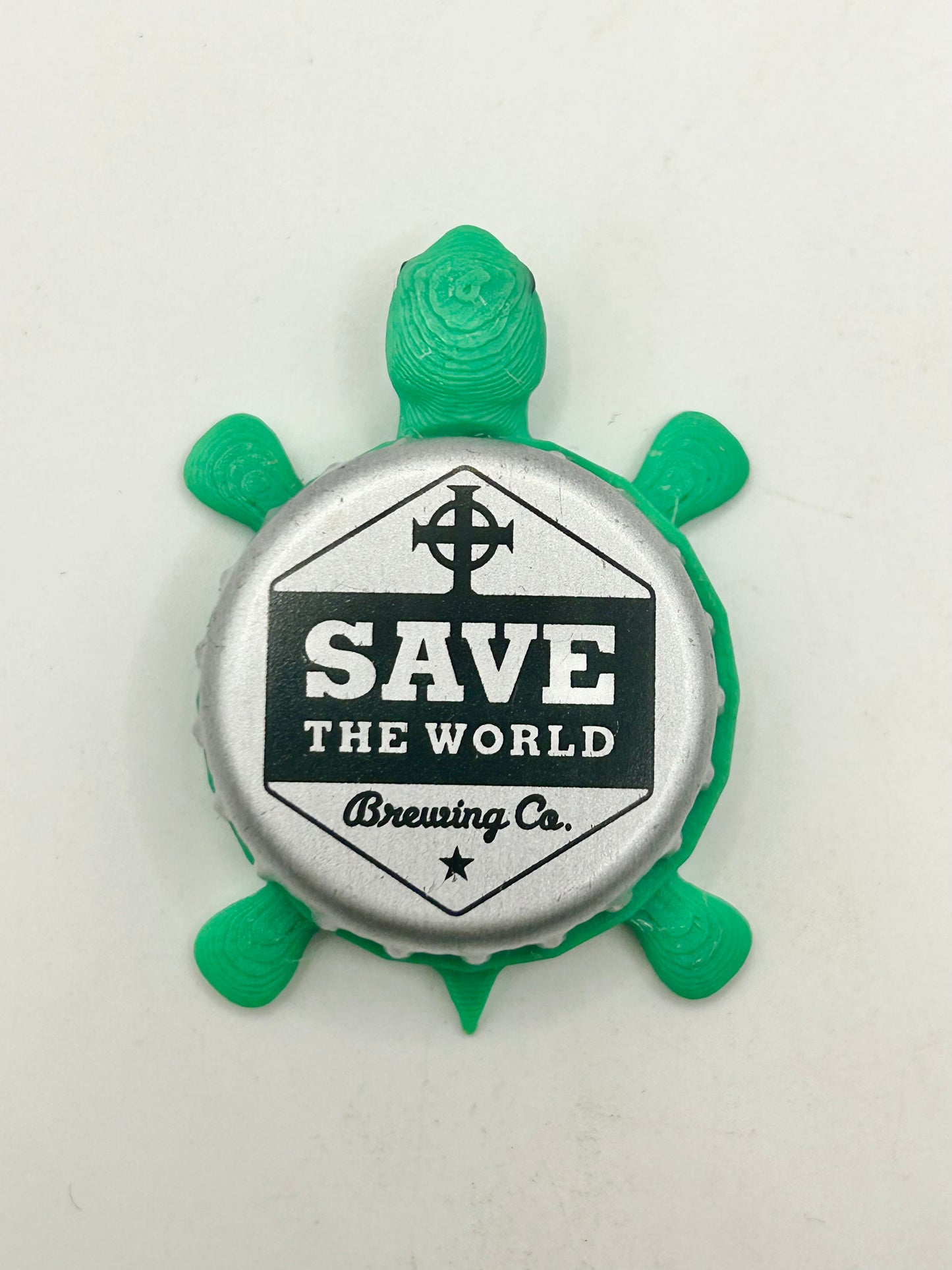 Save the World Brewing - Bottle Cap Magnet Turtle Shell Shocked Art