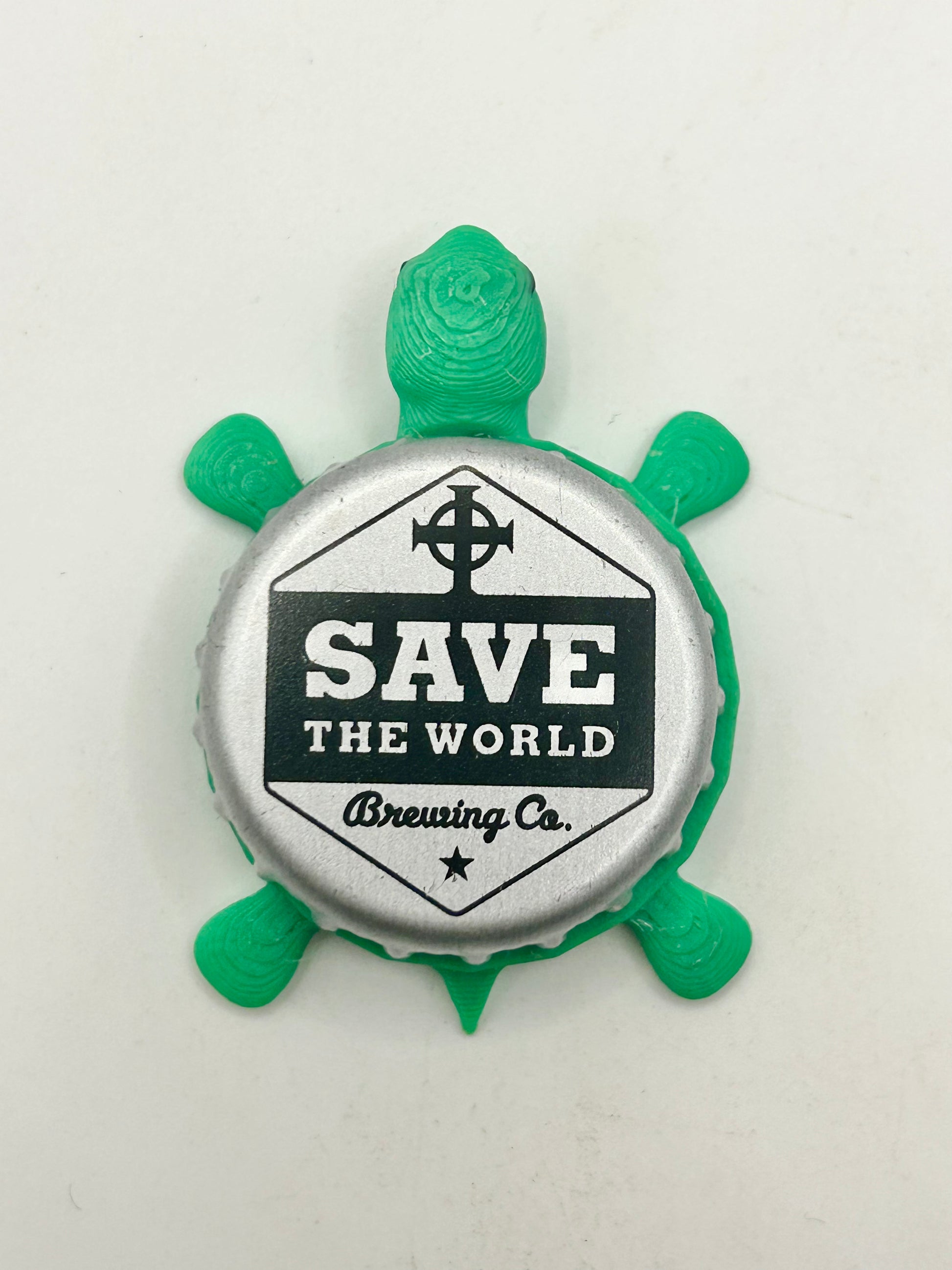 Save the World Brewing - Bottle Cap Magnet Turtle Shell Shocked Art