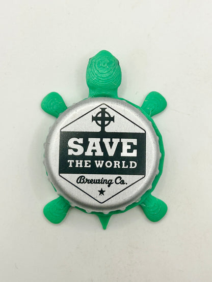 Save the World Brewing - Bottle Cap Magnet Turtle Shell Shocked Art