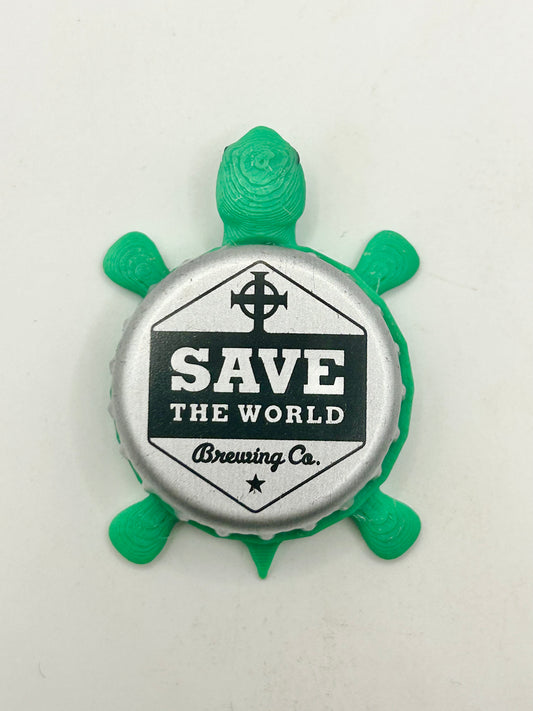 Save the World Brewing - Bottle Cap Magnet Turtle Shell Shocked Art