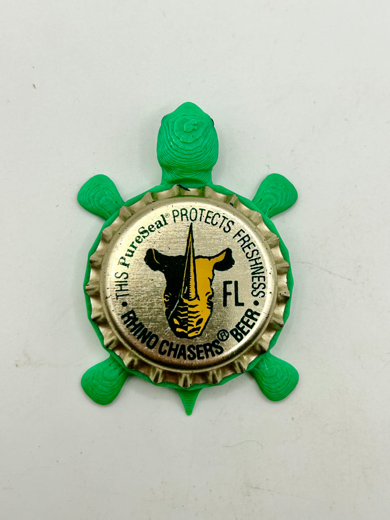 Rhino Chasers Beer (Yellow) - Bottle Cap Magnet Turtle Shell Shocked Art