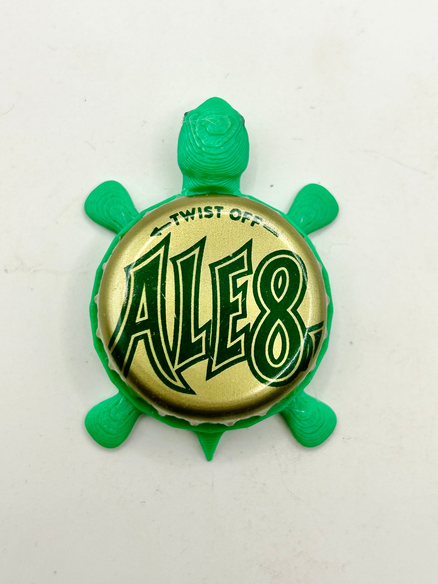 Ale8 (Green & Gold) - Bottle Cap Magnet Turtle Shell Shocked Art
