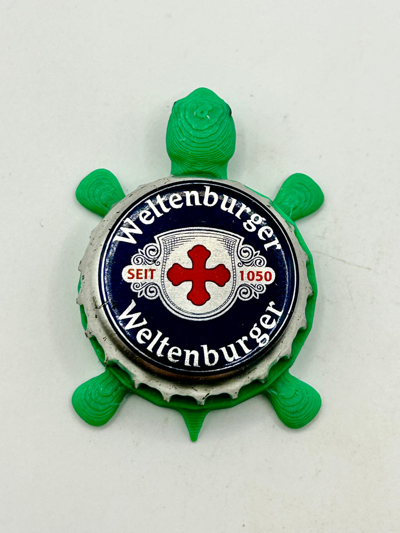 Weltenburger Beer - Bottle Cap Magnet Turtle Shell Shocked Art
