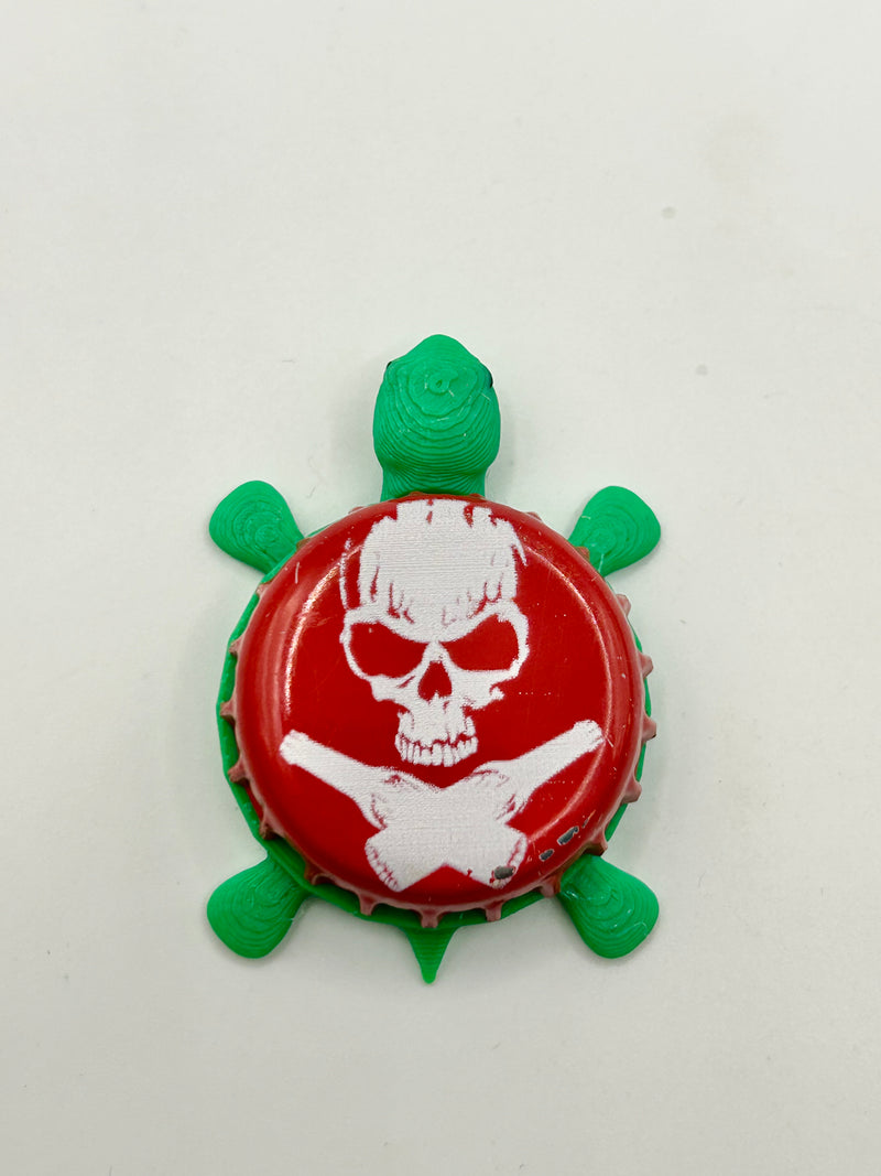 Skull with Crossed Beer Bottles - Bottle Cap Magnet Turtle Shell Shocked Art