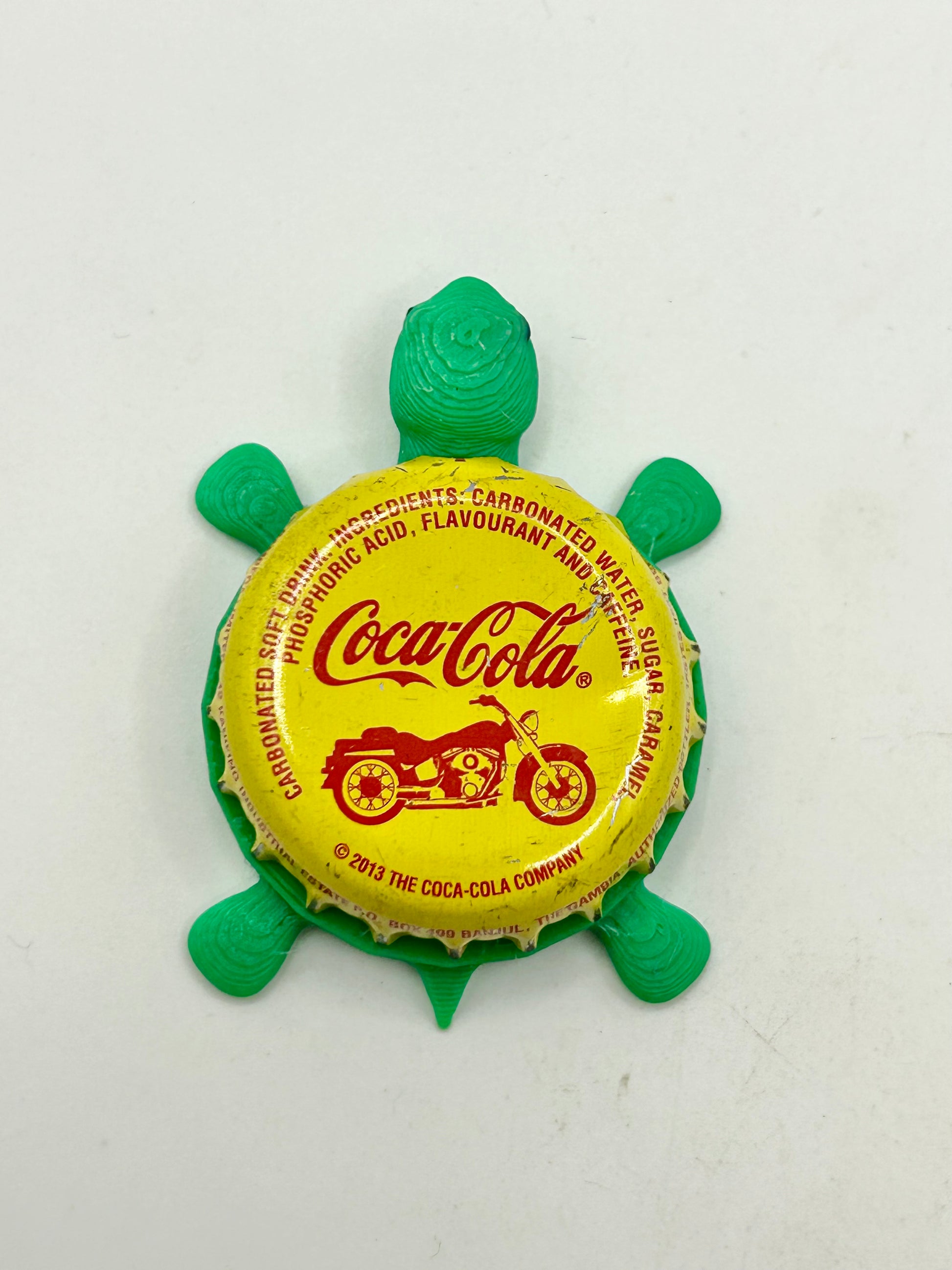 Coca-Cola Motorcycle (Yellow) - Bottle Cap Magnet Turtle Shell Shocked Art