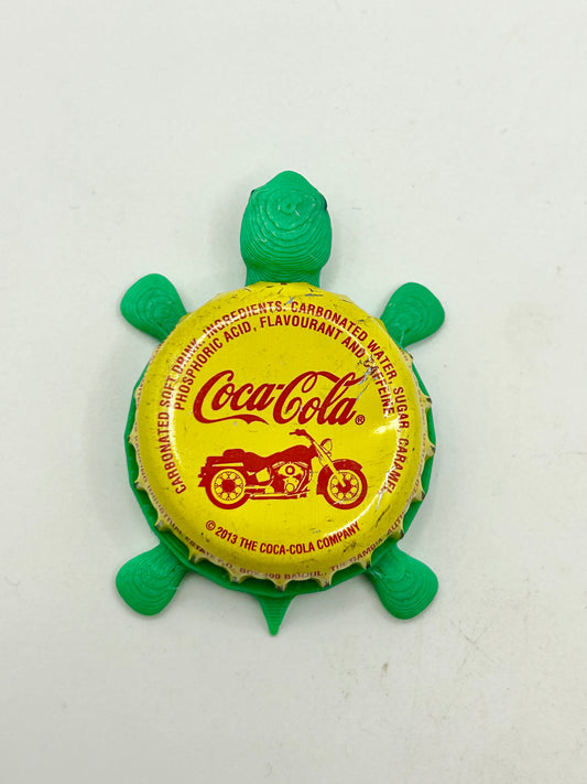 Coca-Cola Motorcycle (Yellow) - Bottle Cap Magnet Turtle Shell Shocked Art