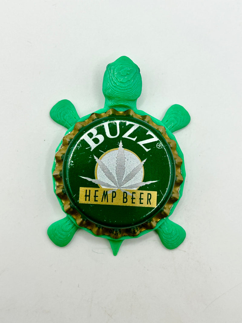 Buzz Hemp Beer - Bottle Cap Magnet Turtle Shell Shocked Art