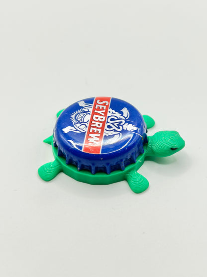 Seybrew Beer - Bottle Cap Magnet Turtle Shell Shocked Art