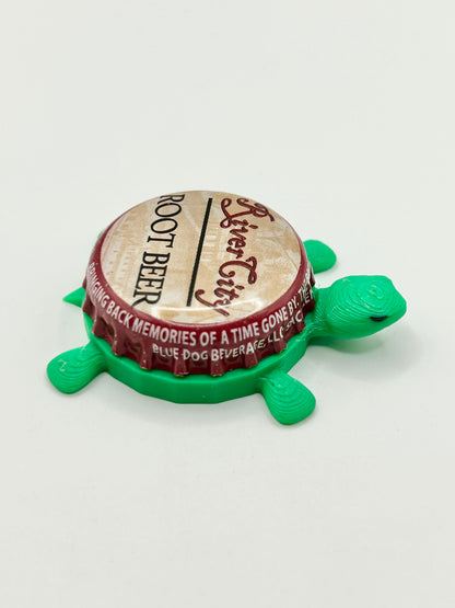 River City Root Beer - Bottle Cap Magnet Turtle Shell Shocked Art