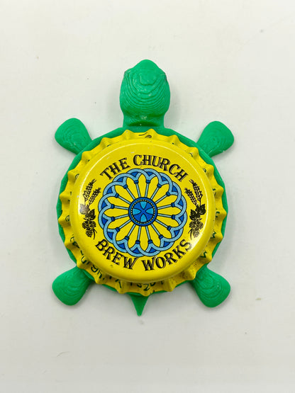 The Church Brew Works - Bottle Cap Magnet Turtle Shell Shocked Art