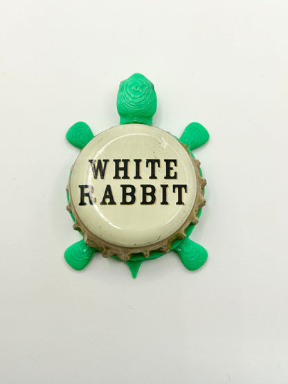 White Rabbit Beer - Bottle Cap Magnet Turtle Shell Shocked Art