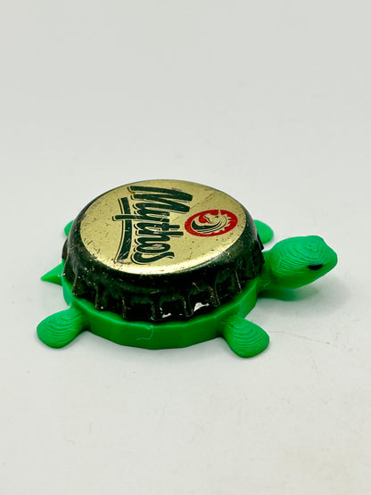 Mythos Beer - Bottle Cap Magnet Turtle Shell Shocked Art