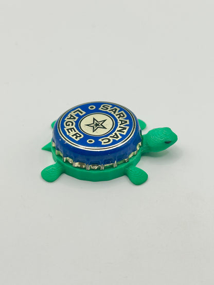 Saranac Lager - Bottle Cap Magnet Turtle Shell Shocked Art